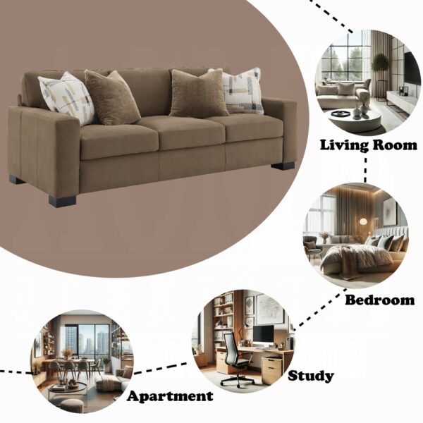 Darya Brown Suede Fabric Sofa with 4 Pillows Details