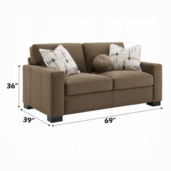 Darya Brown Suede Fabric Loveseat with 3 Pillows Dimensions