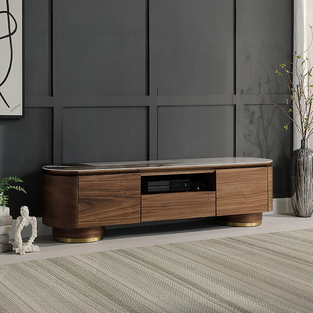 Willene Walnut Tv Stand With Ceramic Top Lv03158 By Acme | Mobilia Cleopatra 3 Willene Walnut TV Stand with Ceramic Top