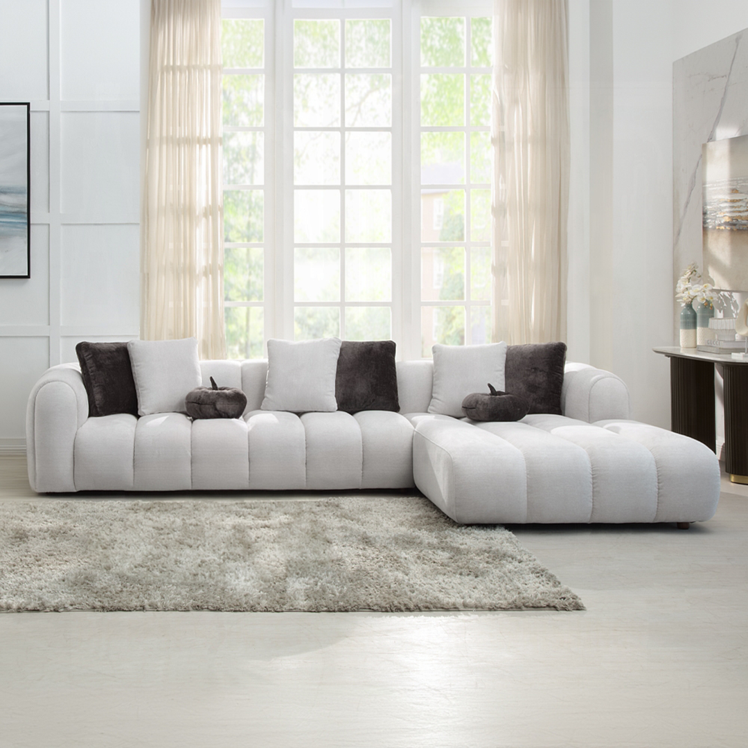 Manilla Ivory White Linen Sectional Sofa With 8 Pillows By Acme | Mobilia Cleopatra 3 Manilla Ivory White Linen Sectional Sofa with 8 Pillows By ACME - Image 1