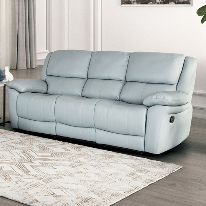 Glarus Powder Blue Sofa Manual Recliner Fm69003Dg-Sf-M By Furniture Of America | Mobilia Cleopatra 3 Glarus Powder Blue Sofa Manual Recliner FM69003DG-SF-M By Furniture Of America - Image 1