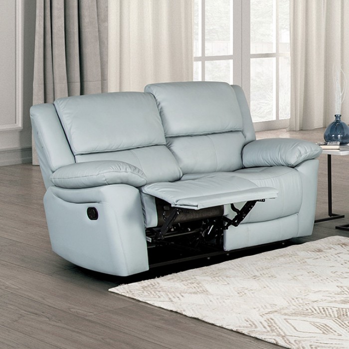Glarus Powder Blue Loveseat Manual Recliner Fm69003Bl-Lv-M By Furniture Of America | Mobilia Cleopatra 3 Glarus Powder Blue Loveseat Manual Recliner FM69003BL-LV-M By Furniture Of America - Image 1