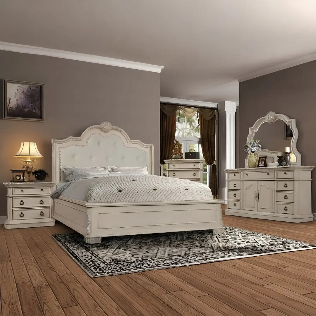 B6007-Q Wooden White Queen Size Set 4Pc By Mcferran | Mobilia Cleopatra 3 B6007-Q Wooden White Queen Size Set 4PC by McFerran - Image 1