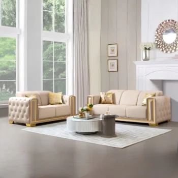 SF3001-L Cream Leather Fabric with Gold Trim Loveseatby McFerran |