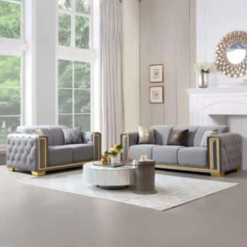 Gray Linen Fabric with Gold Trim 2PC Set By McFerran |