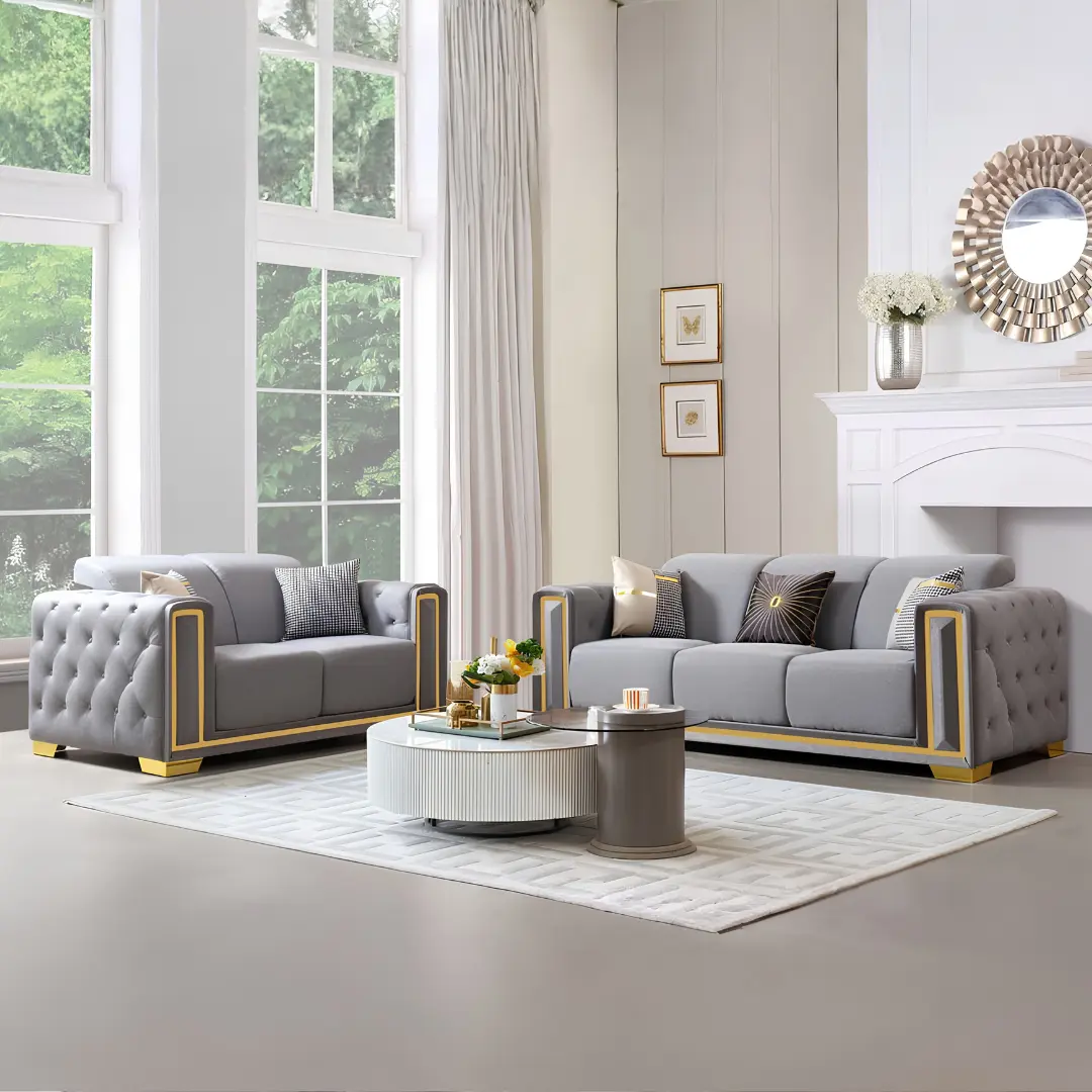 Gray Linen Fabric With Gold Trim 2Pc Set By Mcferran | Mobilia Cleopatra 3 Gray Linen Fabric with Gold Trim 2PC Set By McFerran - Image 1