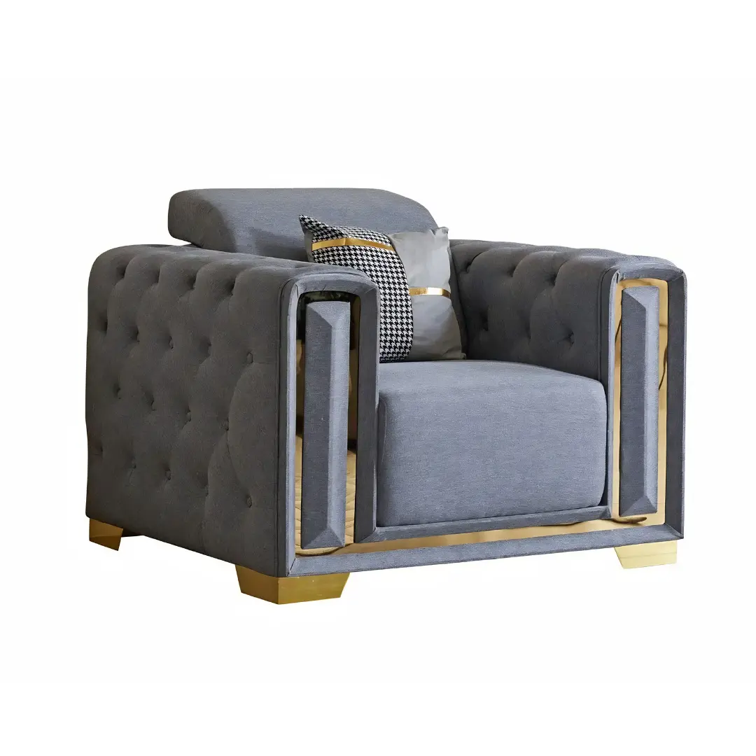 Gray Linen Fabric With Gold Trim Chair By Mcferran | Mobilia Cleopatra 3 Gray Linen Fabric with Gold Trim Chair by McFerran - Image 1