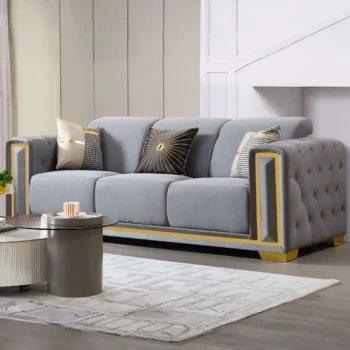 Grey Linen Fabric with Gold Trim Sofa by McFerran |