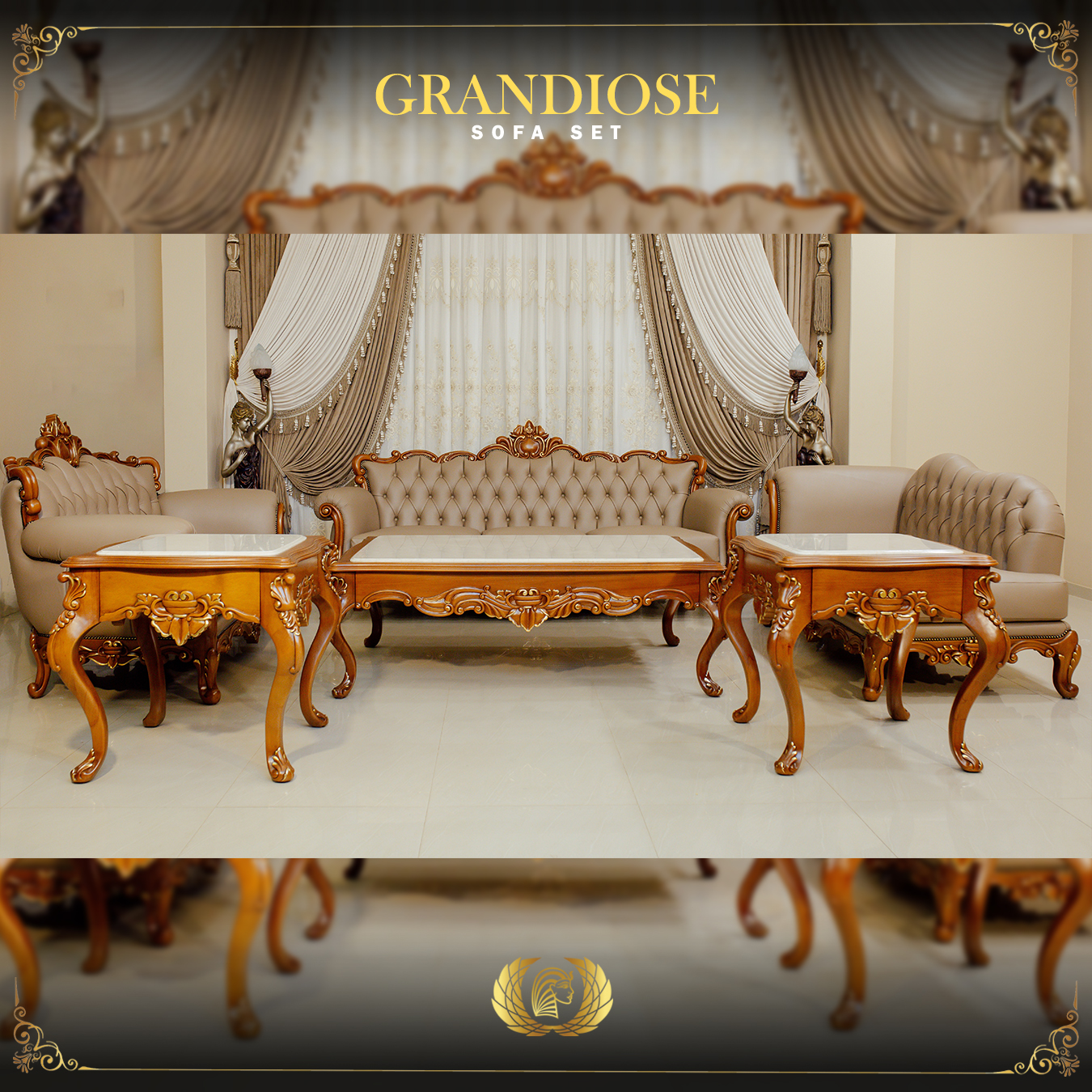 3Pcs Handmade Grandiose Real Leather Brown Sofa Set | Mobilia Cleopatra 3 grandiose full set 1