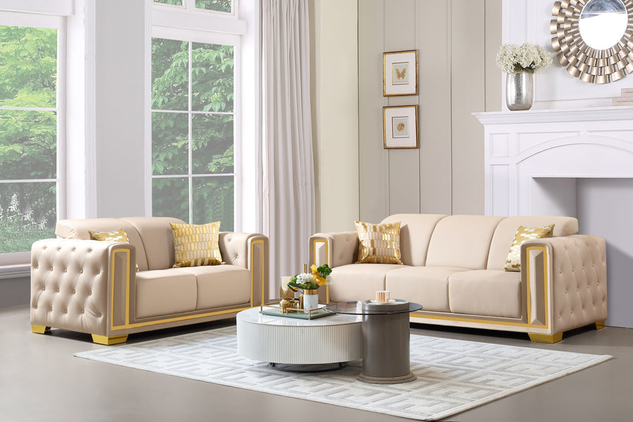 Sf3001-L Cream Leather Fabric With Gold Trim Loveseatby Mcferran | Mobilia Cleopatra 3 SF3001-L Cream Leather Fabric with Gold Trim Loveseatby McFerran - Image 1