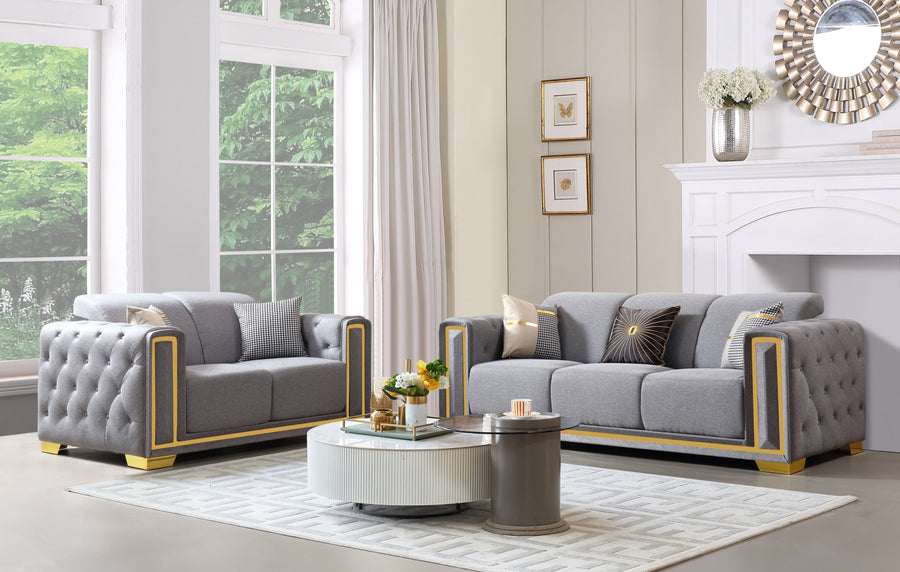 Gray Linen Fabric With Gold Trim 2Pc Set By Mcferran | Mobilia Cleopatra 3 Gray Linen Fabric with Gold Trim 2PC Set By McFerran - Image 1