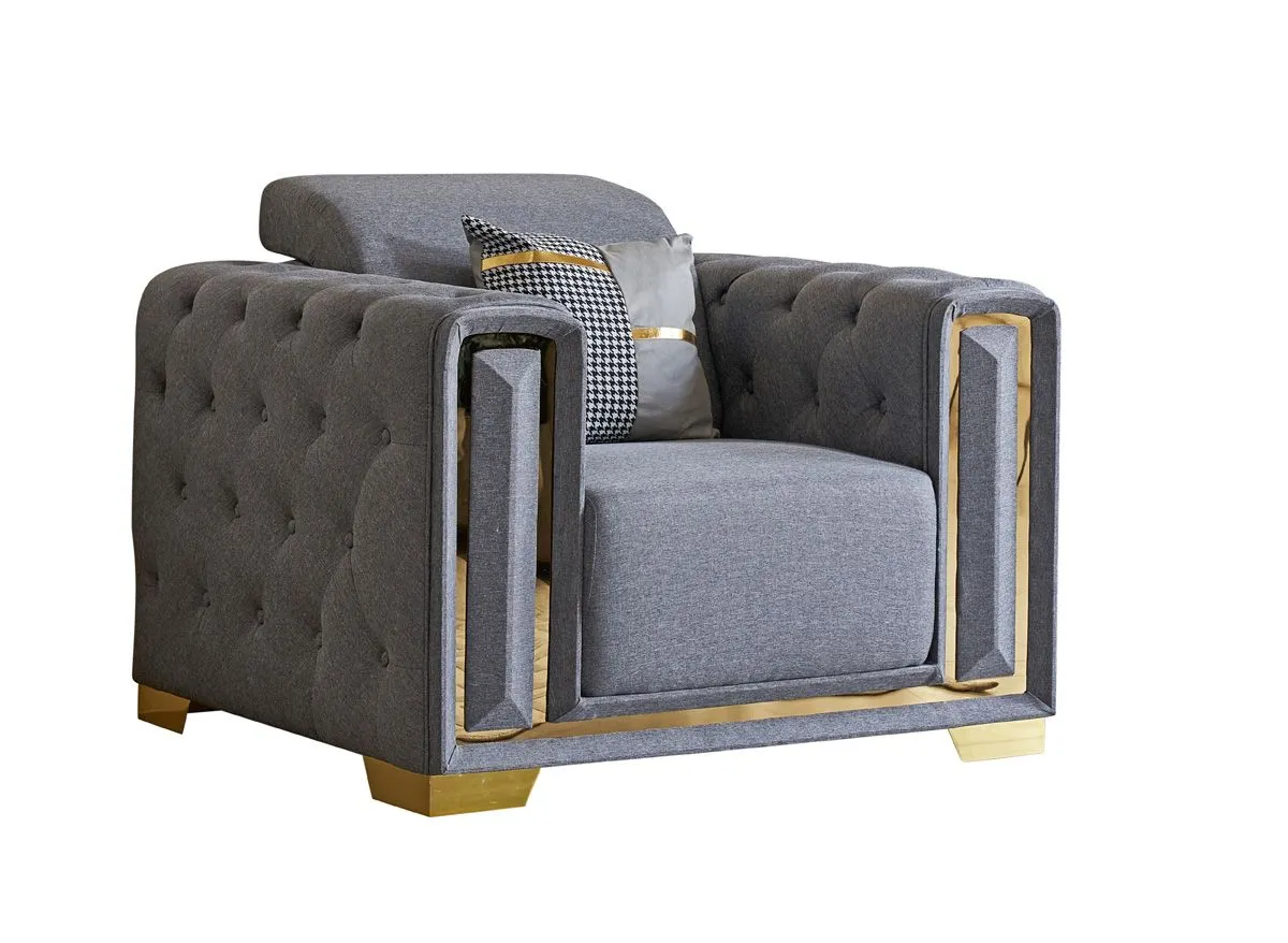 Gray Linen Fabric With Gold Trim Chair By Mcferran | Mobilia Cleopatra 3 Gray Linen Fabric with Gold Trim Chair