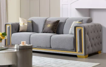 Grey Linen Fabric with Gold Trim Sofa by McFerran