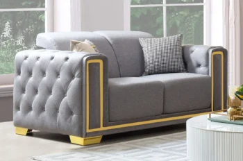 Gray Linen Fabric with Gold Trim Loveseat by McFerran