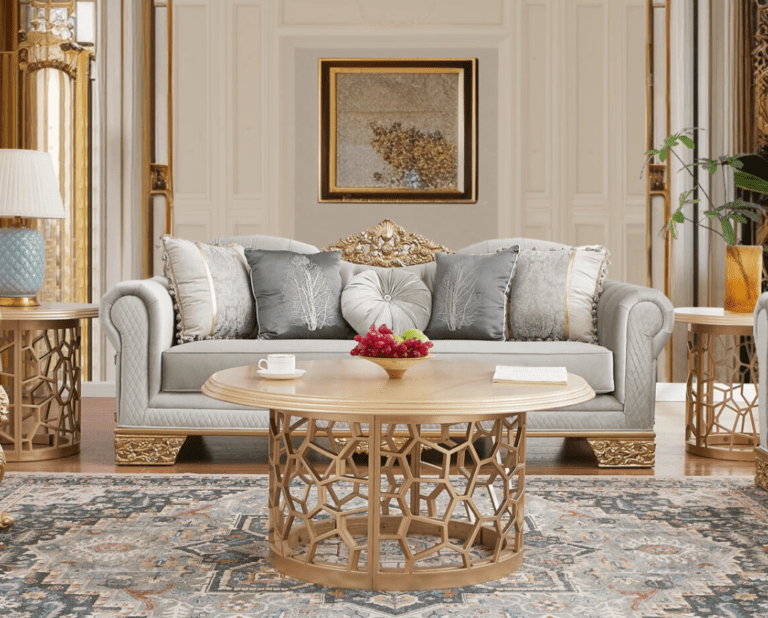 Gray And Gold Sofa Hd-9041 By Homey Design | Mobilia Cleopatra 3 Gray And Gold Sofa HD-9041