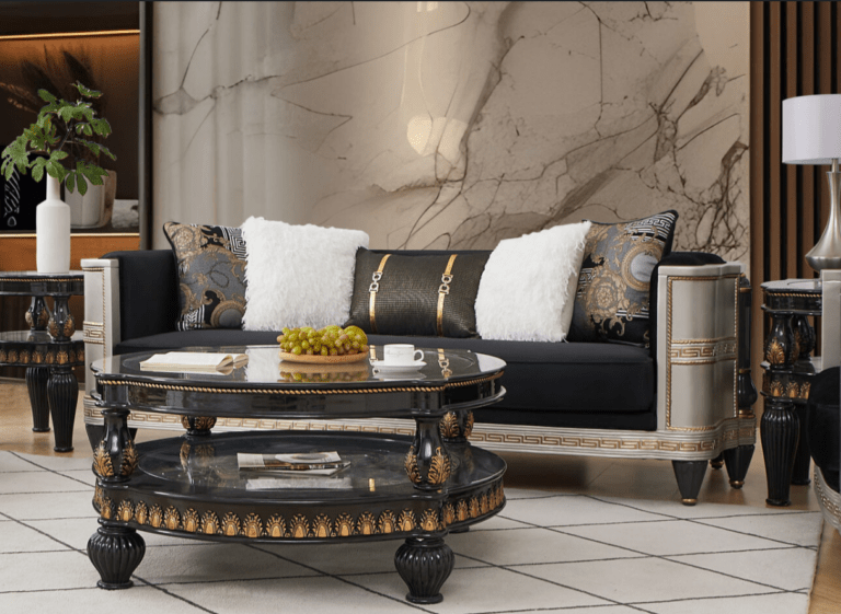 Black And Gold Sofa Hd-9042 By Homey Design | Mobilia Cleopatra 3 Black And Gold Sofa HD-9042