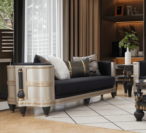 Black And Gold Loveseat Hd-9042 By Homey Design | Mobilia Cleopatra 3 Black And Gold Loveseat HD-9042