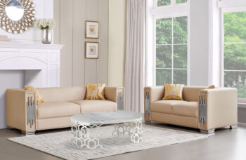 SF2002-2PC Cream Leather Fabric with Crome Trim 2PC Sofa Set S+L By McFerran