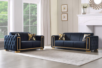 SF2003-2PC New Black Velvet Sofa With Gold trim 2PC Set S+L By McFerran