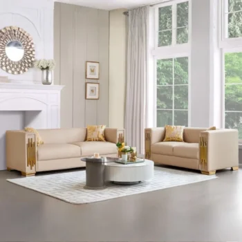 SF2001-2PC Cream Leather Fabric with Gold Trim 2PC Set S+L By McFerran |
