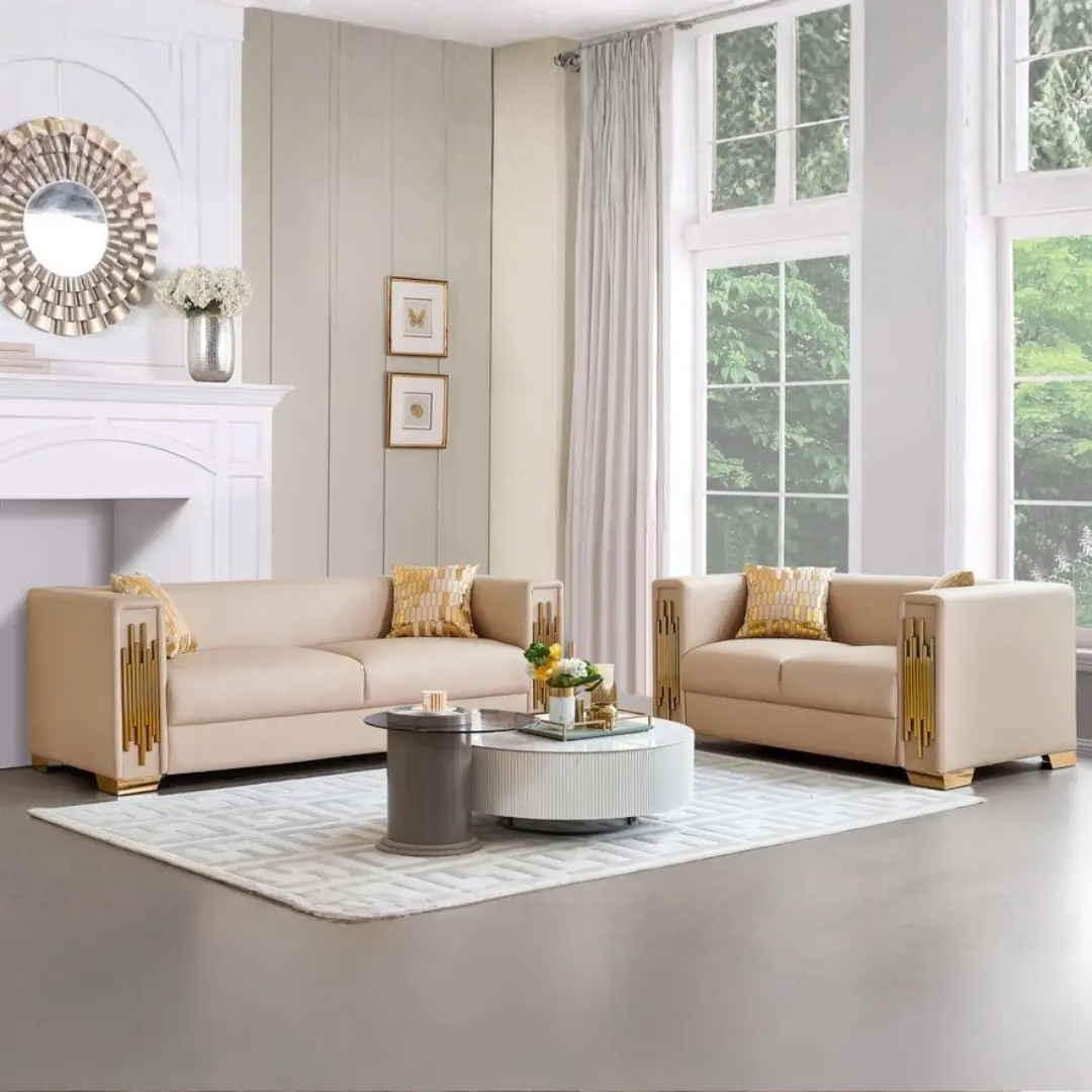 Sf2001-2Pc Cream Leather Fabric With Gold Trim 2Pc Set S+L By Mcferran | Mobilia Cleopatra 3 SF2001-2PC Cream Leather Fabric with Gold Trim 2PC Set S+L By McFerran - Image 1