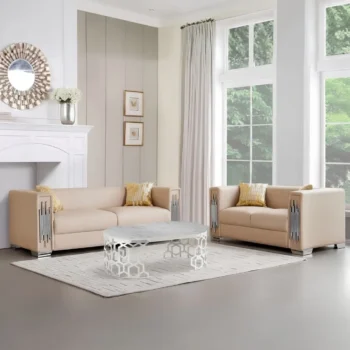SF2002-2PC Cream Leather Fabric with Crome Trim 2PC Sofa Set S+L By McFerran |
