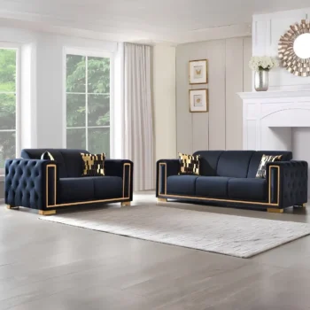 SF2003-2PC New Black Velvet Sofa With Gold trim 2PC Set S+L By McFerran |