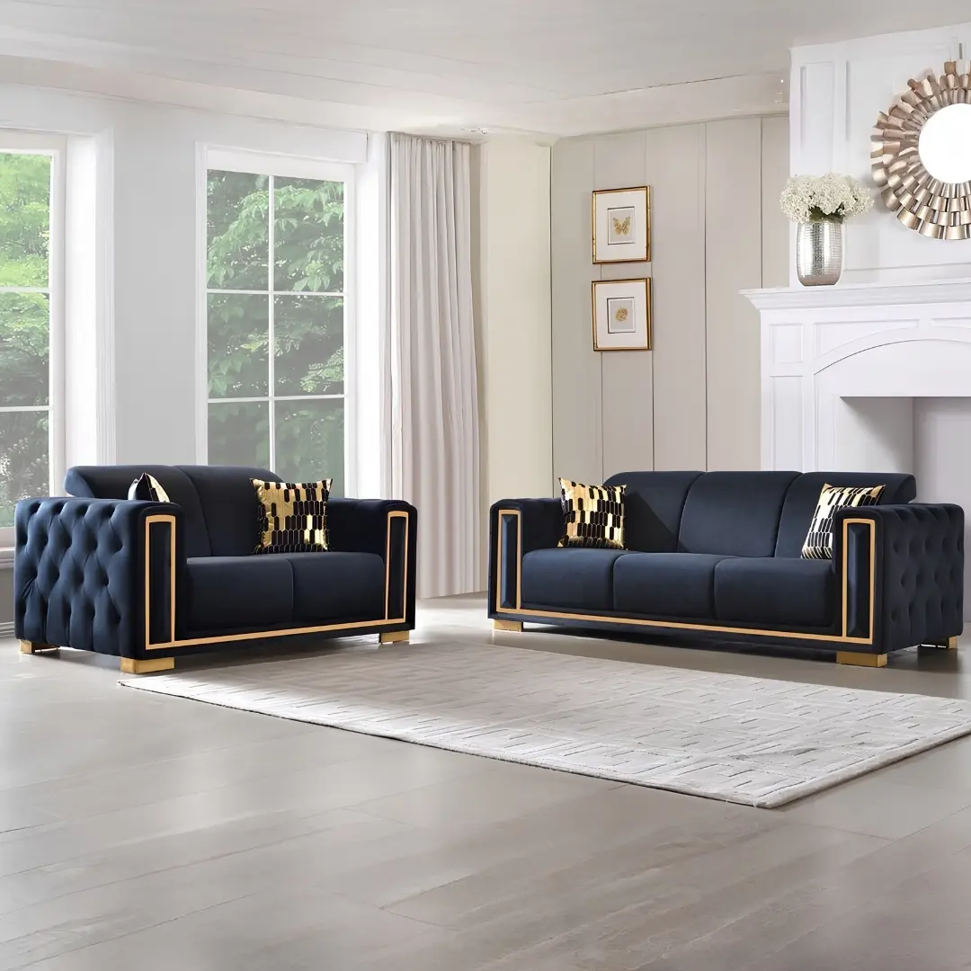 Sf2003-2Pc New Black Velvet Sofa With Gold Trim 2Pc Set S+L By Mcferran | Mobilia Cleopatra 3 SF2003-2PC New Black Velvet Sofa With Gold trim 2PC Set S+L By McFerran - Image 1