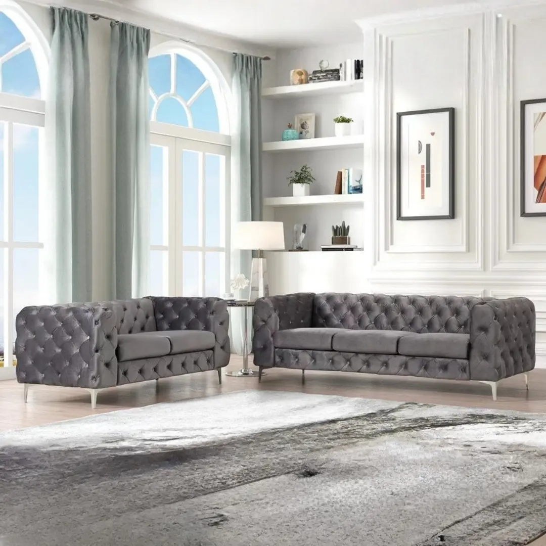 Sf1817-S Tufted Grey Velvet Sofa By Mcferran | Mobilia Cleopatra 3 SF1817-S Tufted Grey Velvet Sofa by McFerran - Image 1