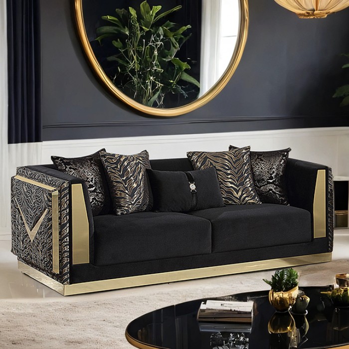 Doriphei Black Velvet/Gold Sofa Fm67000Bk-Sf By Furniture Of America | Mobilia Cleopatra 3 Doriphei Black Velvet/Gold Sofa FM67000BK-SF By Furniture Of America - Image 1