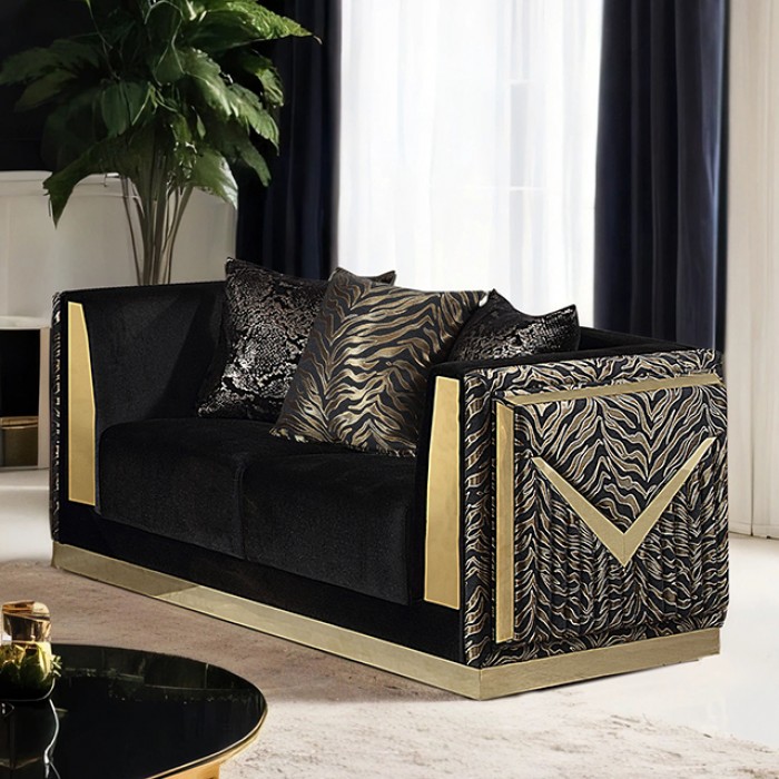 Doriphei Black Velvet/Gold Loveseat Fm67000Bk-Lv By Furniture Of America | Mobilia Cleopatra 3 Doriphei Black Velvet/Gold Loveseat FM67000BK-LV By Furniture Of America - Image 1