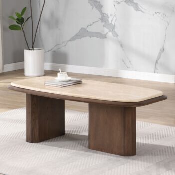 Kasha Coffee Table with Travertine Top in Walnut Finish