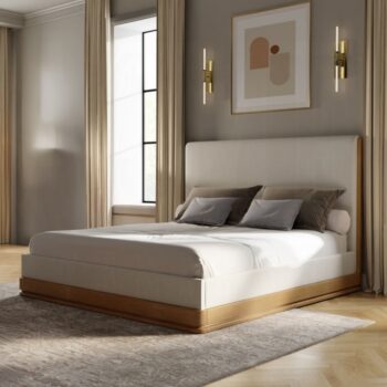 Zoey Bed in Beige Fabric & Oak Finish