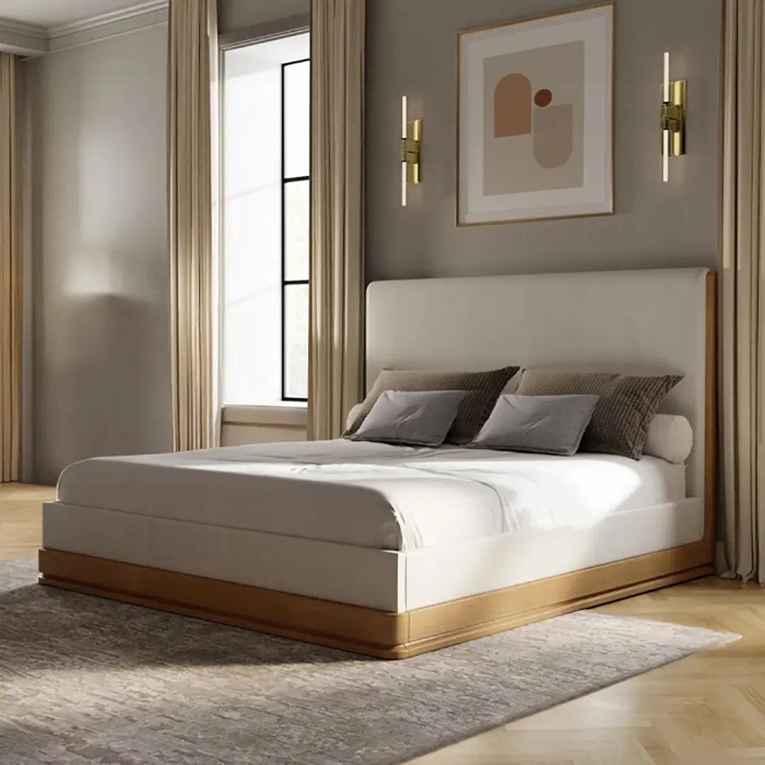 Zoey Bed In Beige Fabric & Oak Finish By Acme | Mobilia Cleopatra 3 Zoey Bed in Beige Fabric & Oak Finish By ACME - Image 1