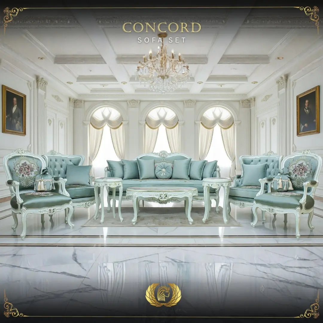 5Pcs Handmade Pearl Mint Green Concord Sofa Set | Mobilia Cleopatra 3 concord sofa set
