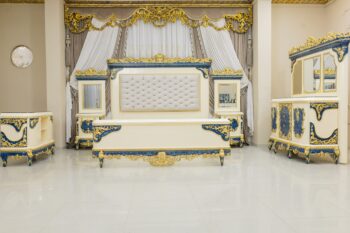 5PCS Handmade Cream Gold Blue Cleopatra Bedroom Set
