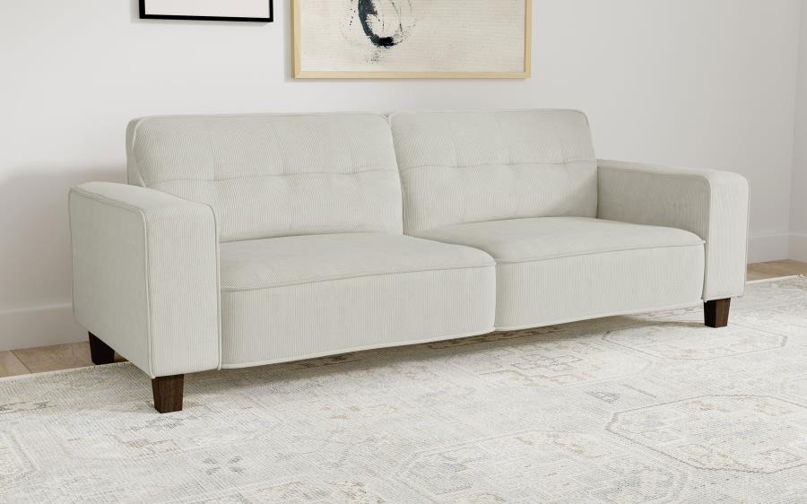 Deerhurst Upholstered Track Arm Tufted Sofa Greige By Coaster Furniture | Mobilia Cleopatra 3 Deerhurst Upholstered Track Arm Tufted Sofa Greige by Coaster Furniture