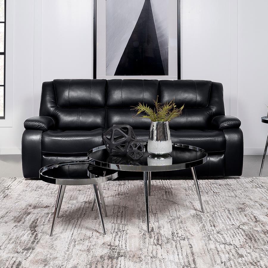 Camila Upholstered Motion Black Leatherette Reclining Sofa By Coaster Furniture | Mobilia Cleopatra 3 Camila Upholstered Motion Black Leatherette Reclining Sofa by Coaster Furniture
