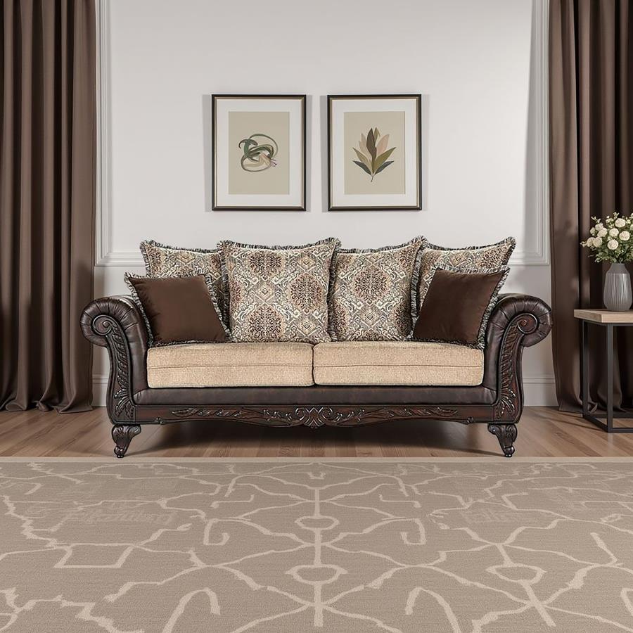 Elmbrook Traditional Faux Leather Sofa Brown By Coaster Furniture | Mobilia Cleopatra 3 Elmbrook Traditional Faux Leather Sofa Brown by Coaster Furniture