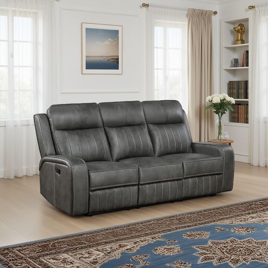 Raelynn Upholstered Track Arm Motion Sofa Gray By Coaster Furniture | Mobilia Cleopatra 3 Raelynn Upholstered Track Arm Motion Sofa Gray By Coaster Furniture