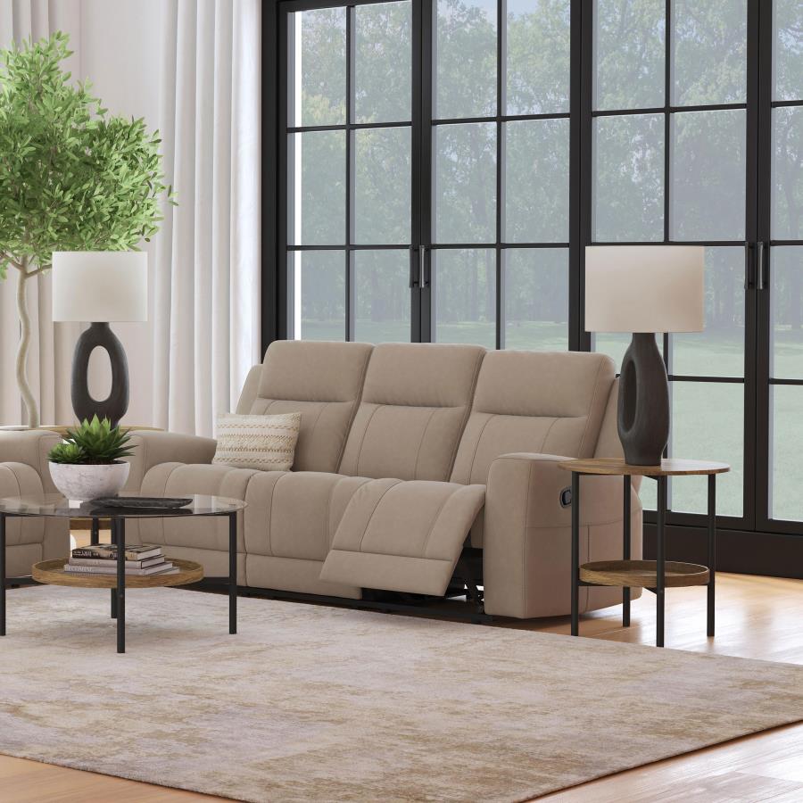 Brentwood Taupe Modern Reclining Sofa Taupe By Coaster Furniture | Mobilia Cleopatra 3 Brentwood Modern Reclining Sofa Taupe by Coaster Furniture