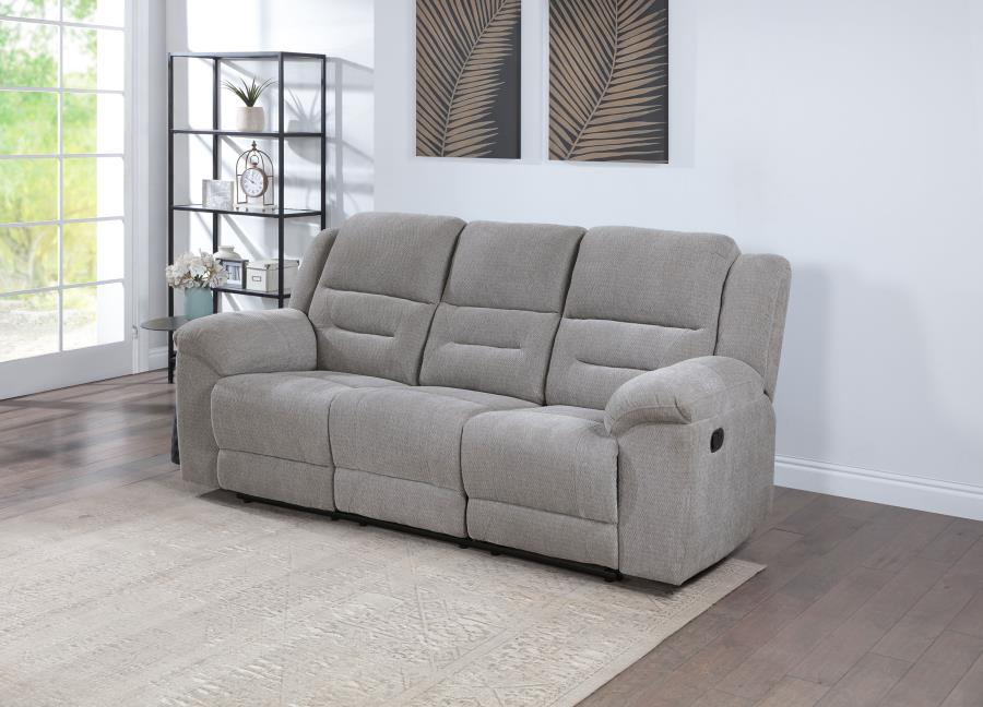 Gilson Chenille Upholstered Reclining Sofa Gray By Coaster Furniture | Mobilia Cleopatra 3 Gilson Chenille Upholstered Reclining Sofa Gray by Coaster Furniture