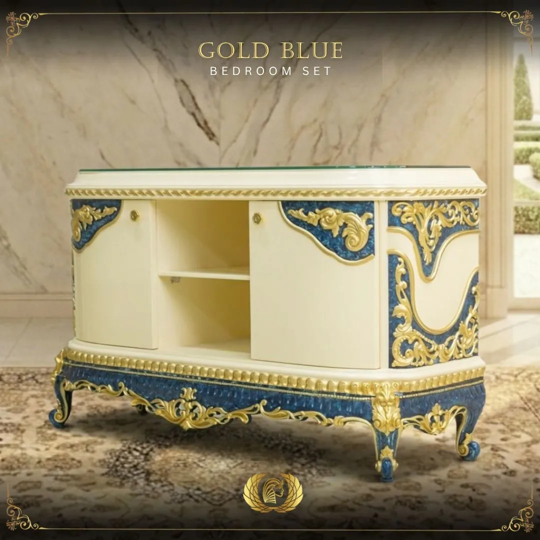 Handmade Cream Gold Blue Cleopatra Console Tv. | Mobilia Cleopatra 3 Blue Cleopatra2