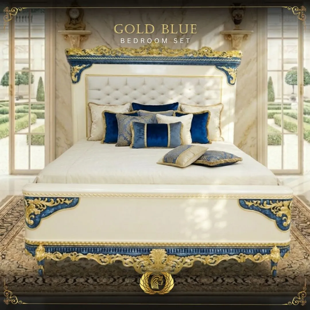 Handmade Cream Gold Blue Cleopatra King Bed | Mobilia Cleopatra 3 Blue Cleopatra