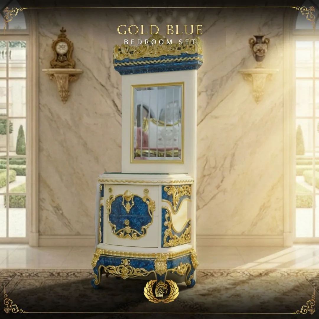 Handmade Cream Gold Blue Cleopatra Nightstand With Mirror | Mobilia Cleopatra 3 Blue Cleopatra