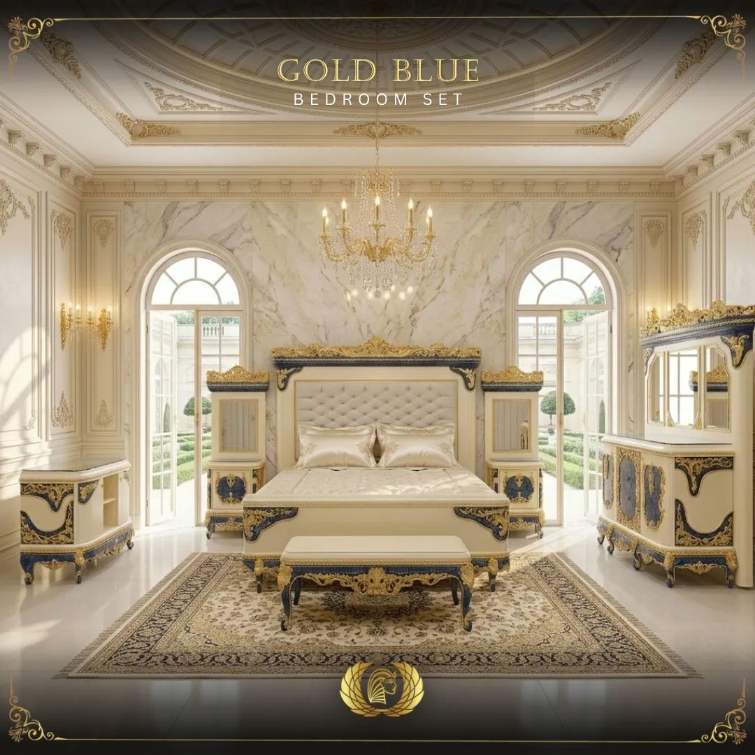 5Pcs Handmade Cream Gold Blue Cleopatra Bedroom Set | Mobilia Cleopatra 3 Blue Cleopatra