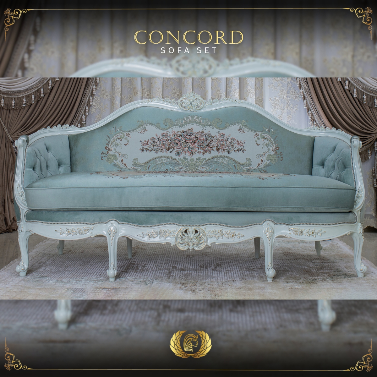 Handmade Pearl Mint Green Concord Sofa | Mobilia Cleopatra 3 Concord Sofa