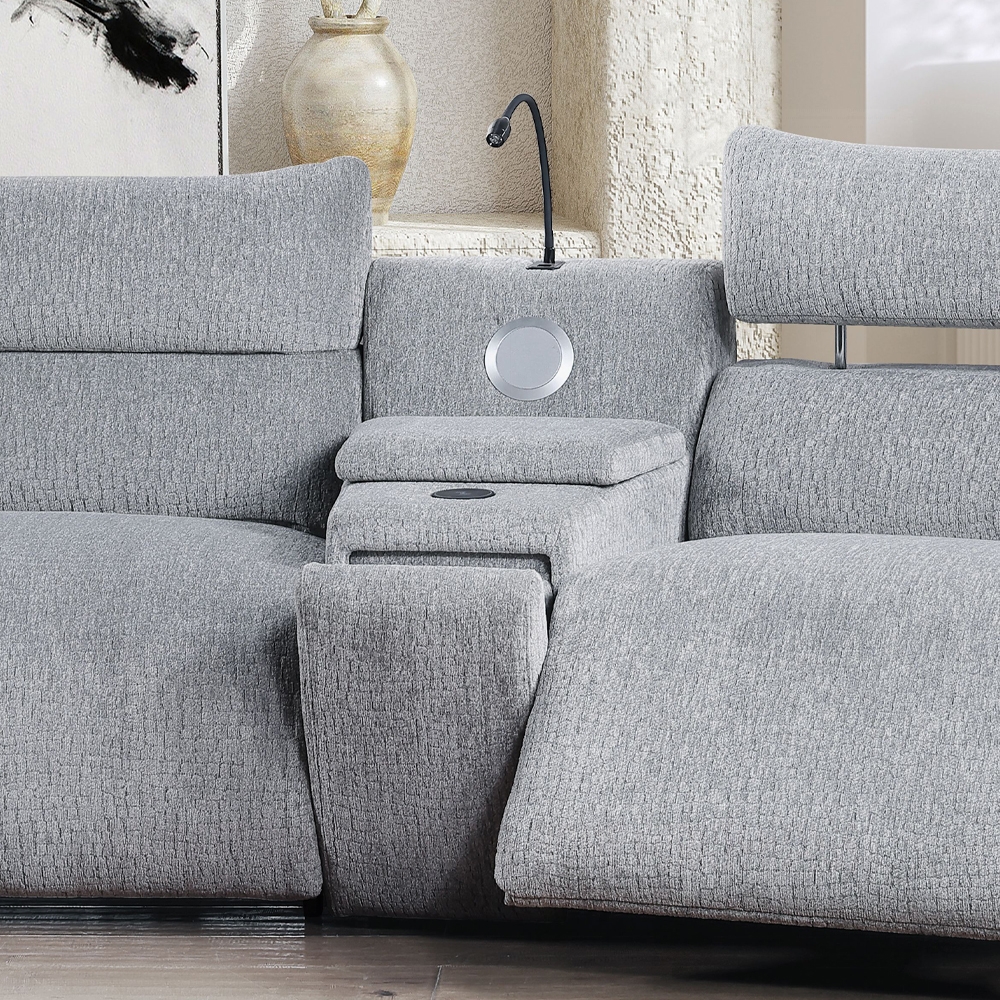 Fullar Light Gary Chenille Modular Console With Speaker & Cup Holder Lv03311 By Acme | Mobilia Cleopatra 3 Fullar Light Gary Chenille Modular Console with Speaker & Cup Holder