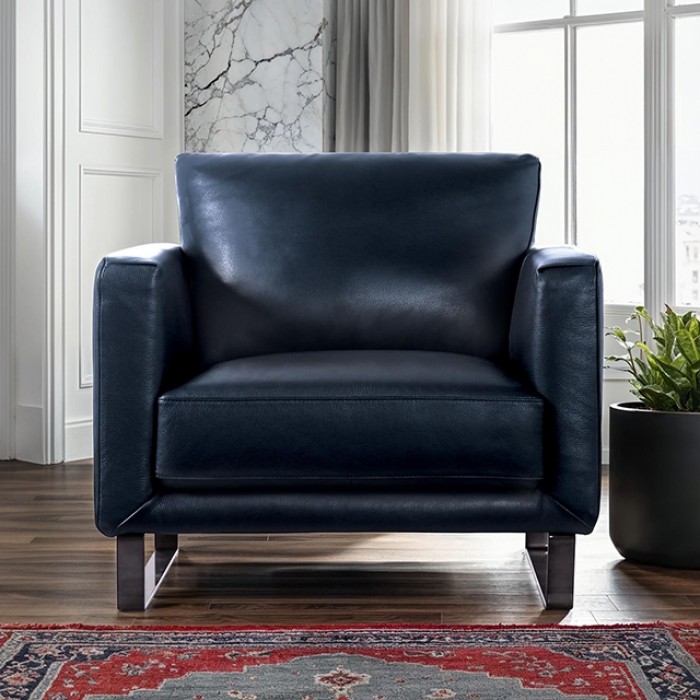 Mezzanotte Chair Fm90000-Ch-Pk By Furniture Of America | Mobilia Cleopatra 3 Mezzanotte Chair FM90000-CH-PK by Furniture of America – Contemporary Midnight Blue Italian Leather, Metal Legs, and High-Density Foam for Ultimate Comfort.
