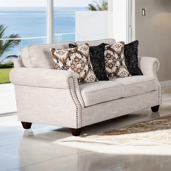 Earley Loveseat Fm61009Wh-Lv By Furniture Of America | Mobilia Cleopatra 3 Earley Loveseat | FM61009WH-LV – Transitional Style with Nailhead Elegance